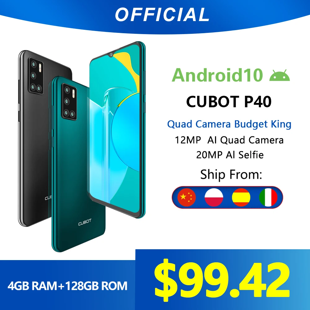 Cubot P40 задний Quad Camera смартфон Четыре камера NFC телефон 4 Гб + 128 ГБ 6,2 дюйма 4200 мАч Большая Батарея новая Google Android 10 система две sim-карты мобильные телефоны 4G LTE celular OTG глобальная версия GPS