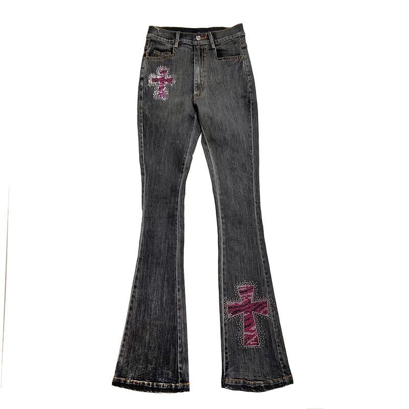 Hot Girls Slight Flare Jeans Retro Slim Casual Cross Beading Pants Original  High Waist Black Denim Trousers Gothic Punk Capris