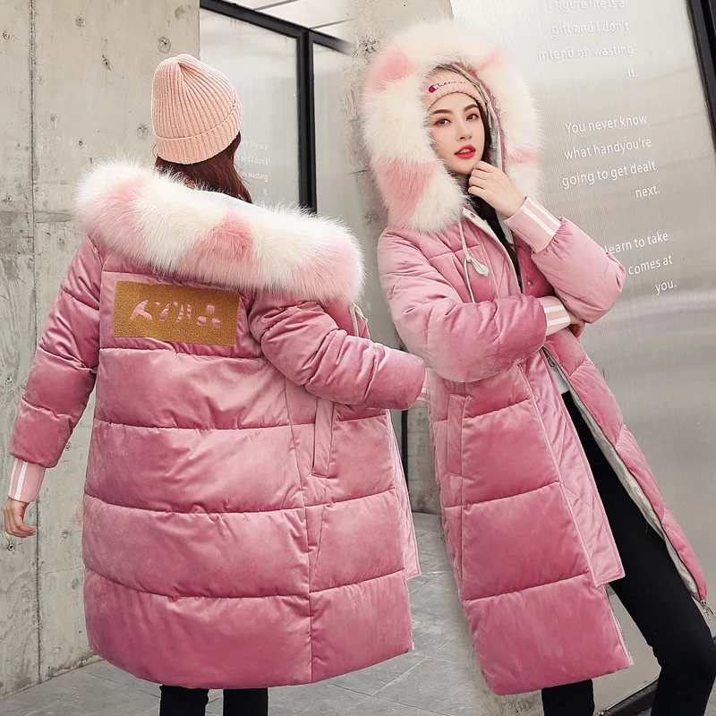 Пуховик с хлопковой подкладкой, Женская куртка, Золотое бархатное зимнее пальто с капюшоном, женское плотное теплое пальто с большим меховым воротником, Женская парка, большой размер, верхняя одежда - Цвет: Розовый
