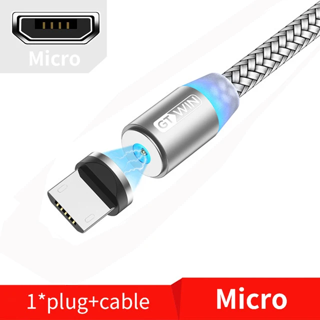 GTWIN 1 м/2 м Магнитный Micro USB кабель для iPhone samsung Быстрая зарядка usb type C Магнитный зарядный usb кабель зарядный шнур для телефона - Цвет: Silver Micro Cable