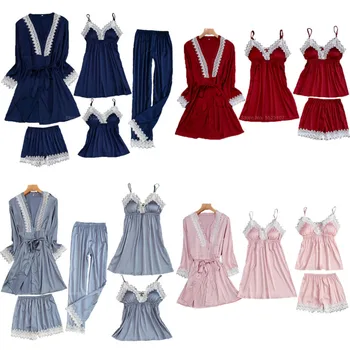 

5PCs Summer Silk Sexy Lace Pajamas Sets For Women Sleepwear With Chest Pad Polyester Breathable Bath Robes Nightgown Pyjamas PJs