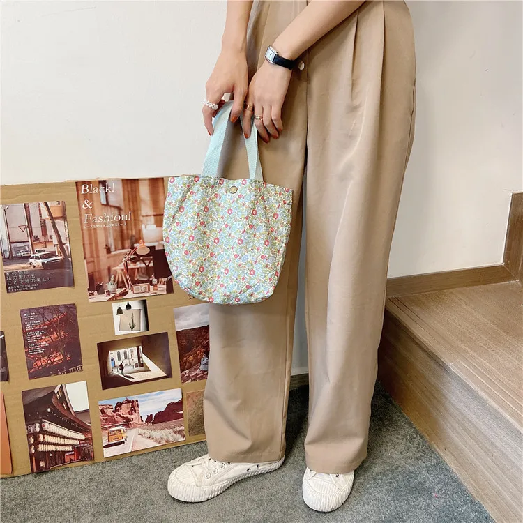 Casual Women Portable Lunch Bento Bag Retro Flower Ladies Small Handbags Cotton Cloth Female Shopper Clutch Purse Shoulder Bags