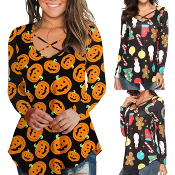 

2019 New Christmas T-Shirt Female Autumn Winter Pumpkin Snowman Print Long Sleeve Slim Top Plus Size
