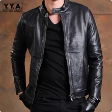 Модная куртка из натуральной кожи на молнии с воротником-стойкой, приталенная мужская куртка размера плюс, Homens Jaqueta De Couro Blouson Moto