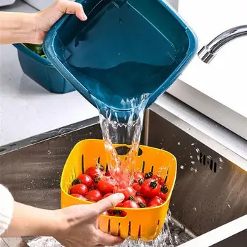 

2 Set Double-Layer Colander with Lid Plastic Kitchen Strainer Drain Basin Basket Washing Bowl and Strainer for Home Kitchen