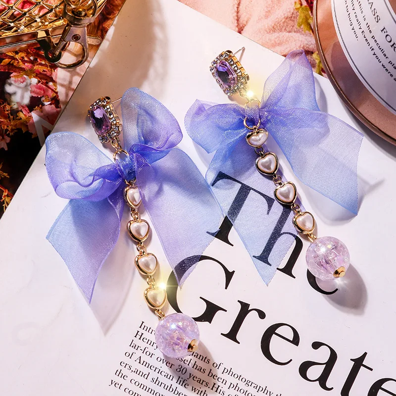 Корейский элегантный сладкий ткань лук прозрачный шар длинные Подвесные серьги женские модные ювелирные изделия