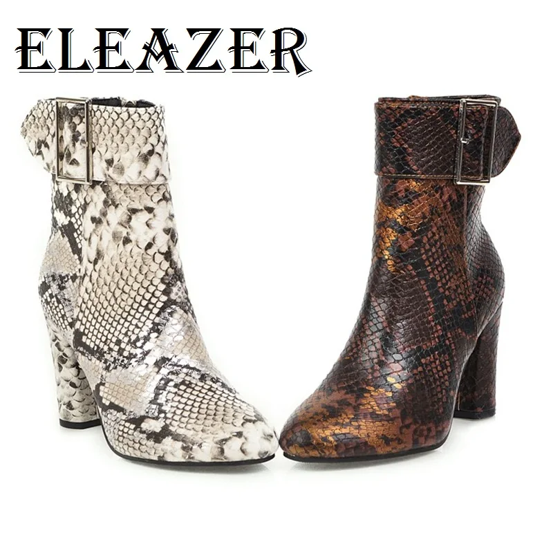 

2019 New Style Winter Autumn Fashion Women ankle Snake Buckle boots Roubd toe Square Heel Heel Height 8.5cm
