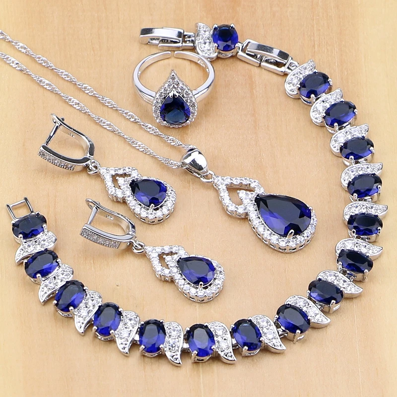 Blue Zircon White Crystal 925 Sterling Silver Jewelry Sets For Bridal