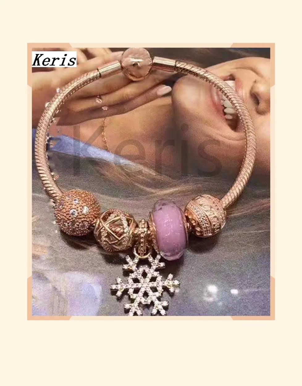 

High Quality Reproduction 1:1 100% Silver Rose Gold Snowflake String Bracelet With Round Beads Free Delivery