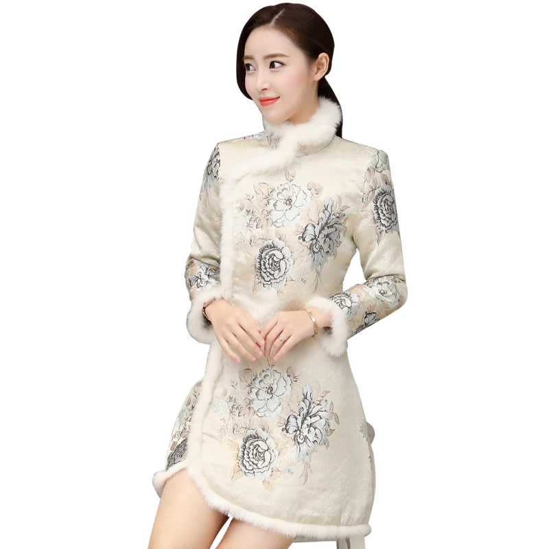 Улучшенное стеганое платье cheongsam, Осеннее и зимнее женское платье с длинными рукавами, новое плотное теплое шерстяное платье с воротником в стиле ретро с принтом