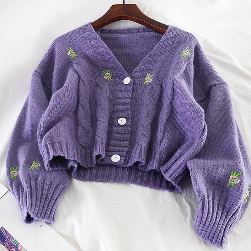 

V-Neck Female Knitted Sweater Long Sleeve Cardigan with Single-Breasted Short Style Ladies Pullovers for Spring and Winter 2020