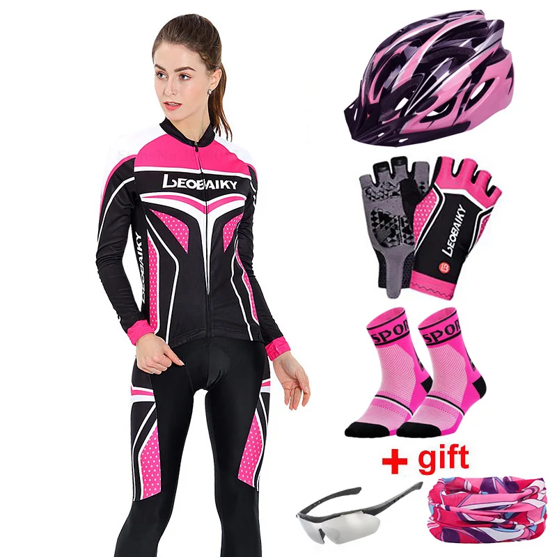 Осенняя Женская одежда для велоспорта с длинным рукавом, MTB Pro Team, Джерси, костюм для езды на велосипеде, дышащая одежда для велоспорта, женские комплекты для велоспорта - Цвет: women full set pink