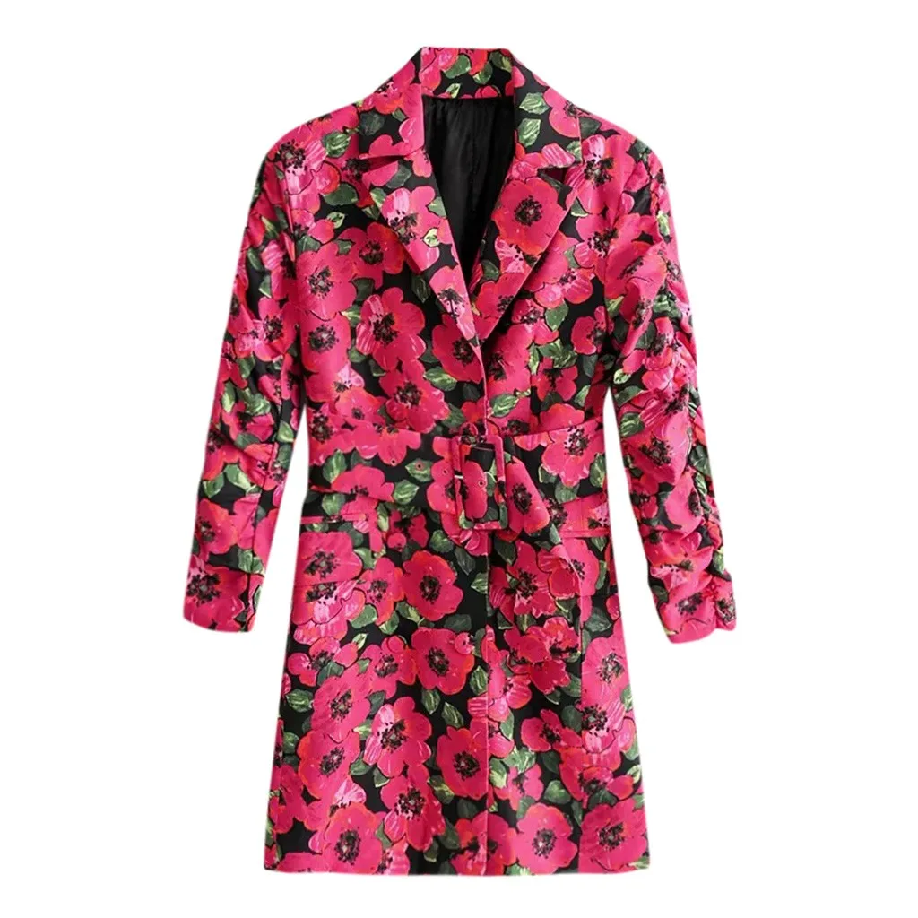 Hot Pink Женский цветочный блейзер длинный рукав пальто элегантный отложной карман Верхняя одежда куртка с поясом плюс размер Женский блейзер - Цвет: Hot Pink