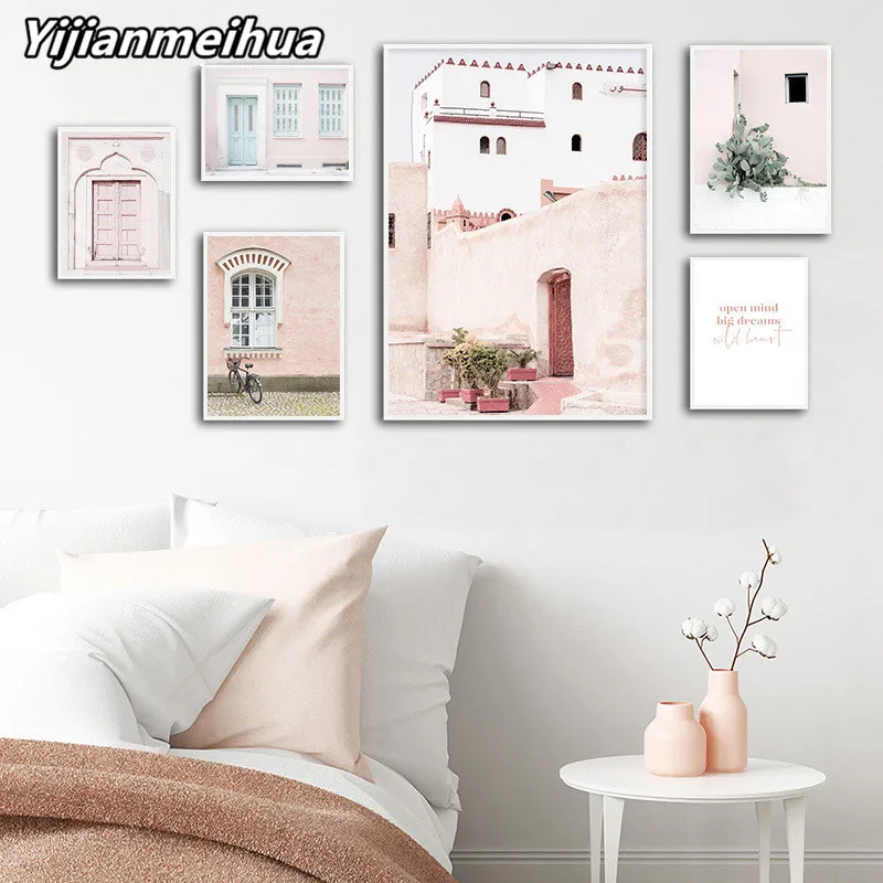 Pink Arabic Architecture Rural Landscape Poster Old House Bike Canvas Print Nature Wall Art Painting Nordic Decoration Picture | Дом и сад