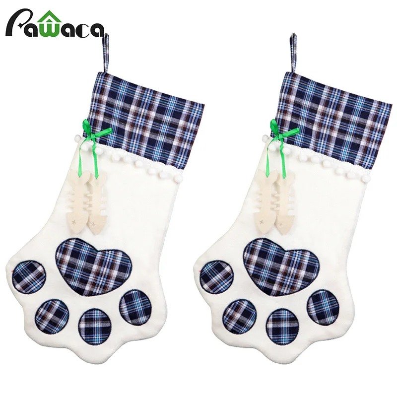 2 Pieces Christmas Stockings Pet Paw Pattern Stockings Fireplace Hanging Stockings Christmas Decoration Pendant Candy Bag