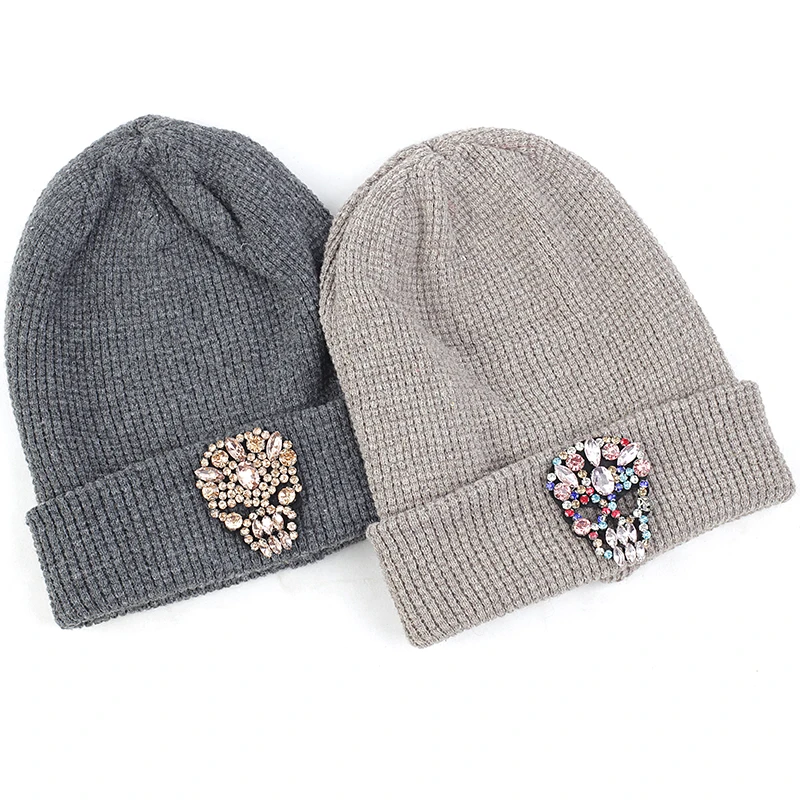 

Geebro Woman Cotton Knitting Beanie Hats With Skull Bone Rhinestones Accessories Soft Wool Lady Fashion Skullies Beanies Caps