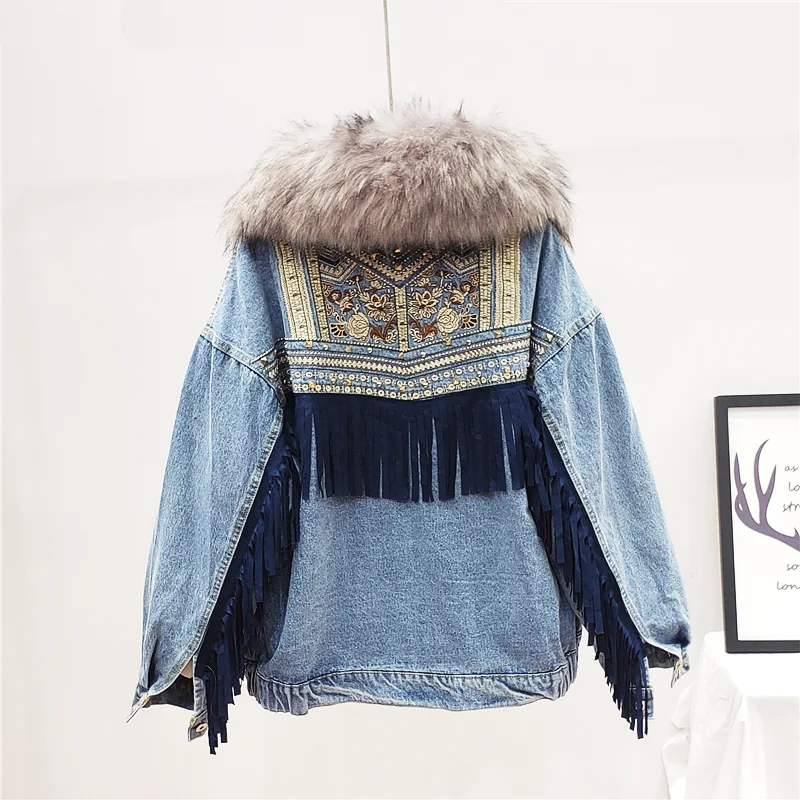 Light Blue Зимняя теплая джинсовая куртка, женская меховая парка, свободная джинсовая хлопковая джинсовая куртка с вышивкой и кисточками, Женское пальто chaqueta mujer veste Femme - Цвет: Light Blue
