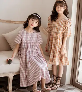 

Retail 2020 Summer Princess Girls Teenage Cotton Plaids Ruffles Dresses , Girls Princess Elegant Clothes 4-10 T