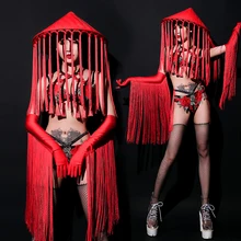 Сценические костюмы женские красные цветочные вышитые перчатки с бахромой Женская диджейская одежда барное бикини для ночного клуба Ds Pold Одежда для танцев DT1701