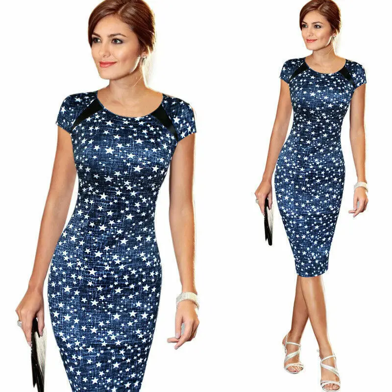 2020 New Arrival Women Bandage Bodycon Dress Short Sleeve Sketch Print Dot star Cocktail Knee Length Midi Dress Ladies Vestitos 2020 New Arrival Women Bandage Bodycon Dress Short Sleeve Sketch Print Dot star Cocktail Knee Length Midi Dress Ladies Vestitos