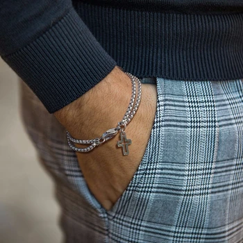 

UNISEX ROUND BOX BRACELET CROSS CHARM SILVER COLOR STAINLESS STEEL BRACELETS MALE JEWELRY