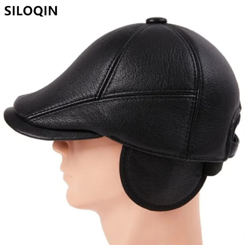 

SILOQIN New Winter Men's Warm Plus Velvet Berets Natural Genuine Leather Hats Thermal Cold Proof Sheepskin Leather Earmuffs Cap