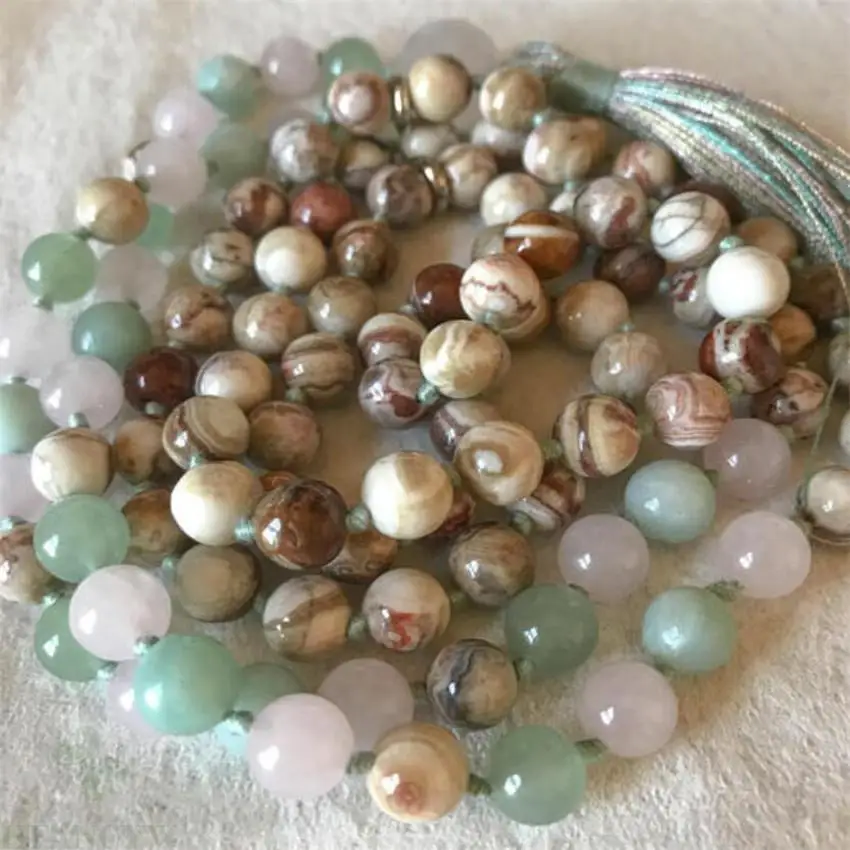 8mm lace Agate Aventurine Gemstone 108 Beads Mala necklace Handmade Buddhism yoga Meditation Fancy Healing MONK Sutra