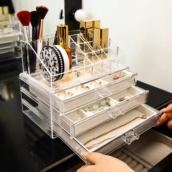 

Transparent Acrylic Jewelry Storage Box Make Up Organizer Set Lipstick Necklace Ring Storage 3-layer Flannel Drawer Storage Rack