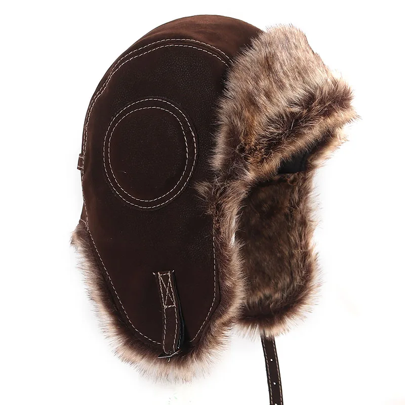 High Quality Russian Leather Bomber Hat 2021 Winter Ushanka Hat Men Women Pilot Trapper Hat Faux Fur Earflap Snow Cap Ear Flaps leather bomber hats