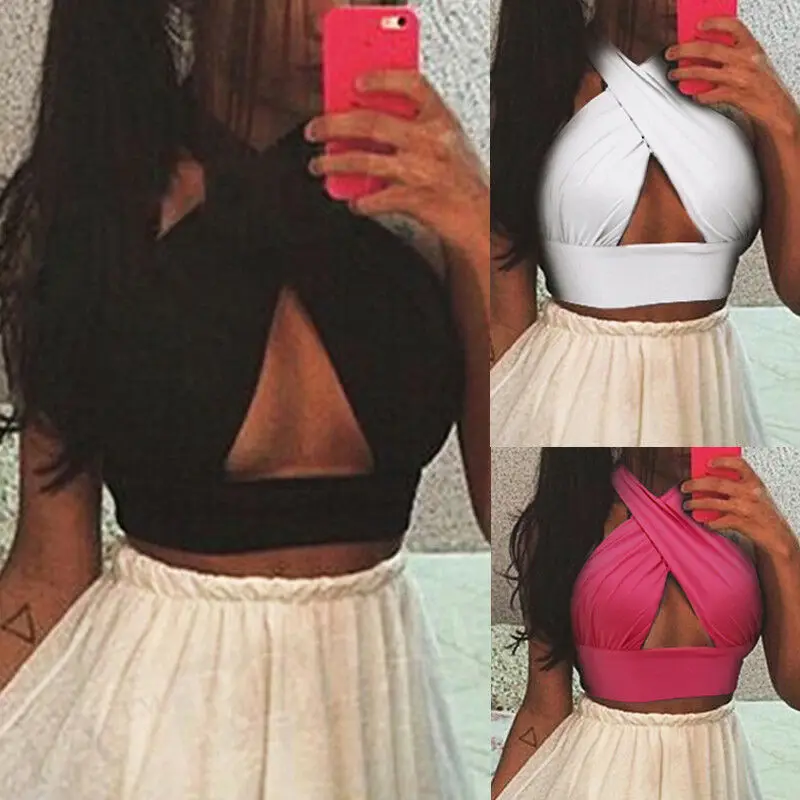 

Women Strappy Cross Over Front Cut Out Halter Neck Sleeveless Crop Top Bandage Vest Summer Casual Loose Tops Black S-XL