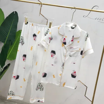 

White Satin 2PCS Shirt&Pants Women Short Sleeve Pajamas Set Cute Print Sllep Set Silky 2PCS Sleepwear Casual Nightgown Homewear