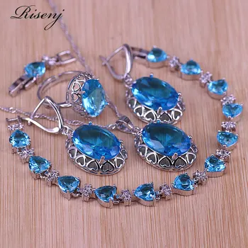 

Many Color Sky Blue Big Stone Silver Color Jewelry Earrings Ring Necklace Bracelet Set Bridal Jewelry