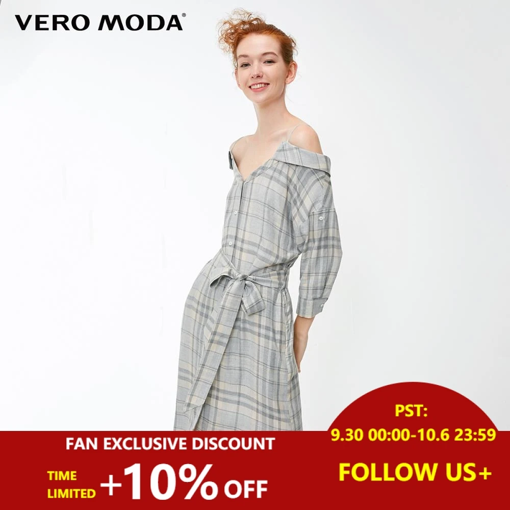 

Vero Moda 2019 New Arrivals Off Shoulder Elbow Long Sleeves Plaid Slip Dress | 3184SZ502