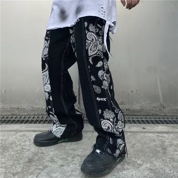 

Cashew Print Patchwork Jeans Pants Men and Women Streetwear Straight Washed Harajuku Denim Trousers Loose Ripped Jeans for Men