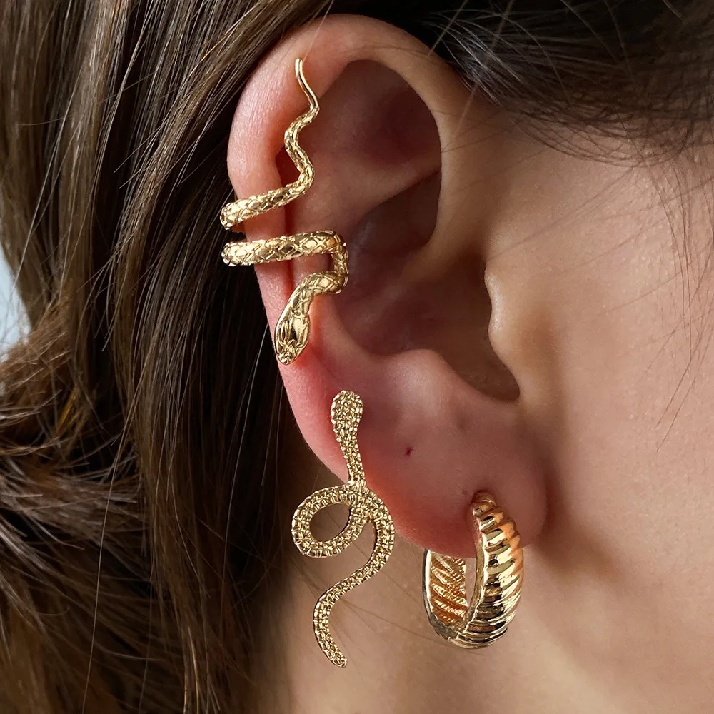 3PC latón serpiente pendiente Clips sin Piercing Punk Clip no perforado pendientes puños de oído para los hombres y las mujeres negro falso Piercing joyería