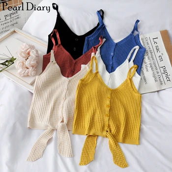 

Pearl Diary Women Waffle Knitted Crop Cami Top Front Button With Bow Tied Strappy Top V Neck Going Out Waffle Casual Crop Top