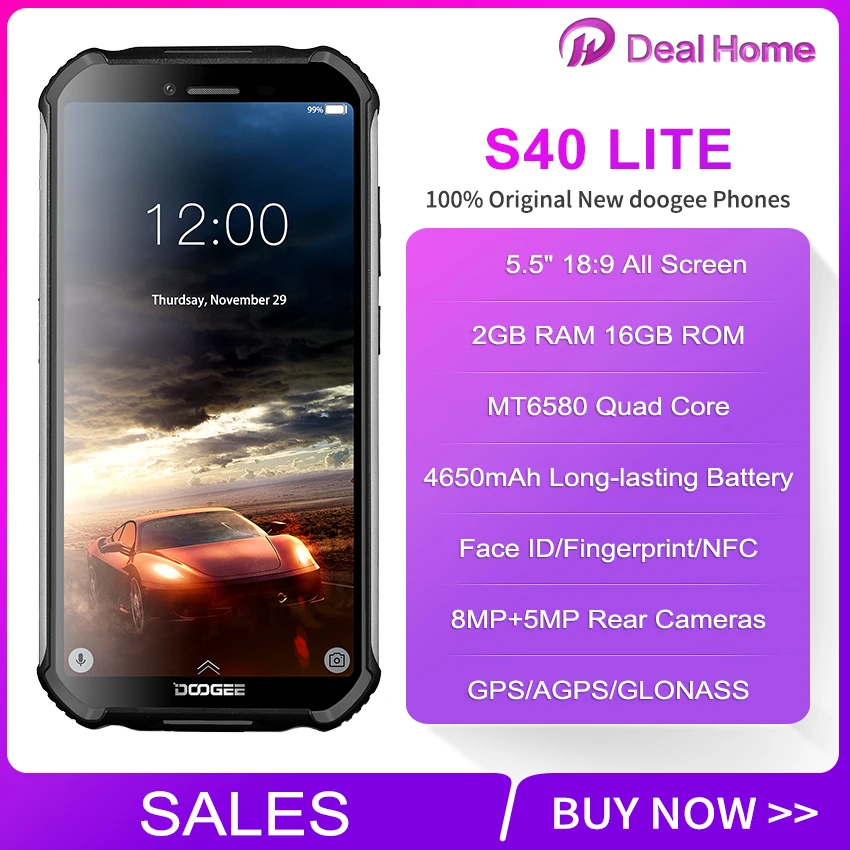  IP68 DOOGEE S40 Lite Quad Core 2GB 16GB Android 9.0 Rugged Mobile Phone 5.5 Inch 4650mAh 8.0MP Fing