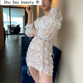 

Chu Sau beauty New French Fashion Deep V-neck Lace Patchwork Mini Dress Women Sexy Chic Vintage Backless Summer Dresses Female