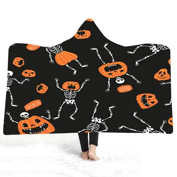

Halloween Theme Blanket Cartoon Pumpkin Terror Skull Wearable Hooded Throw Blanket Teens Coral Fleece Warm Blanket for Home