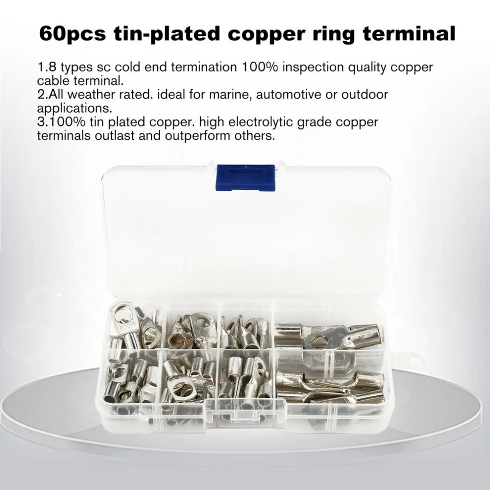 60pcs Tin Plated Copper Tube Terminals Battery Welding Cable Lug Ring Crimp Connectors Kit SC6-SC25 Copper Tube Terminals Set