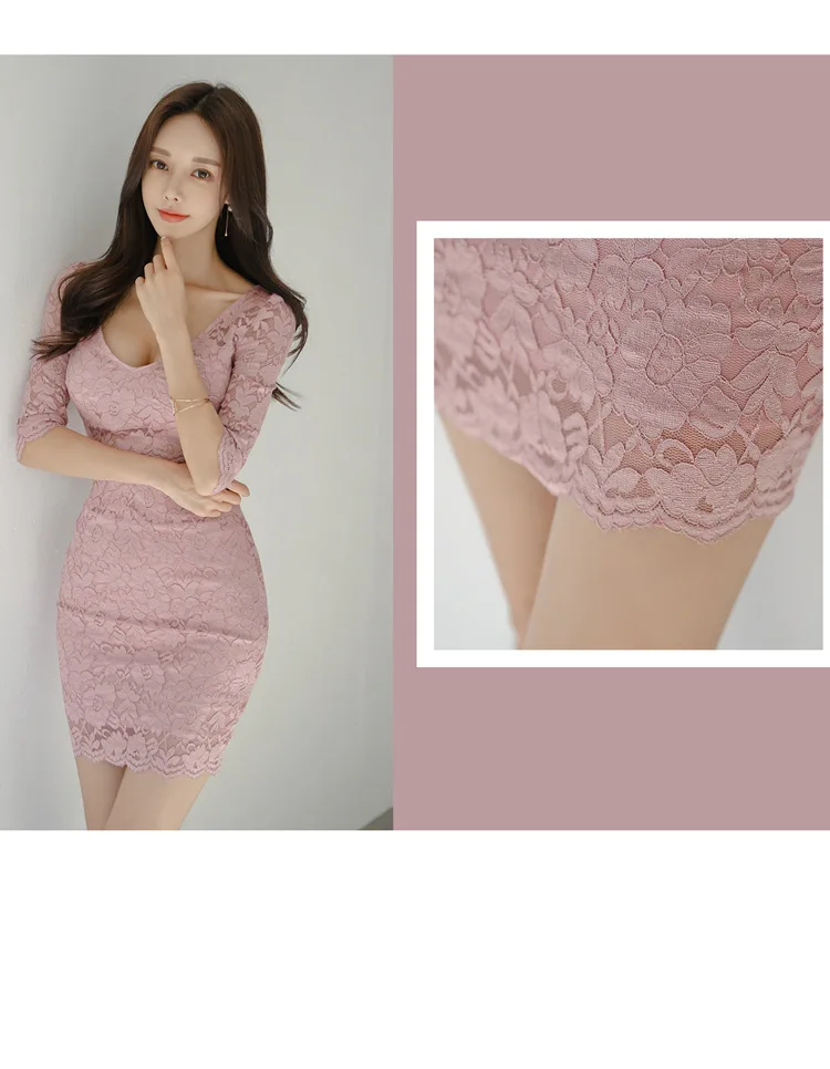 S-XL размера плюс половина рукава Сексуальные вечерние платья для женщин сплошное открытое мини-платье с запахом осеннее платье для женщин s осеннее розовое кружевное платье для женщин