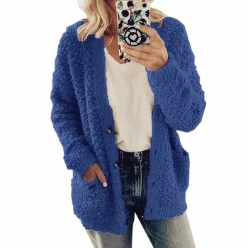 

Winter Warm Loose Plush Woolen Blend Women Loose Casual Single-breasted Turn-down Collar Pocket Outerwear Female 2020 Autumn