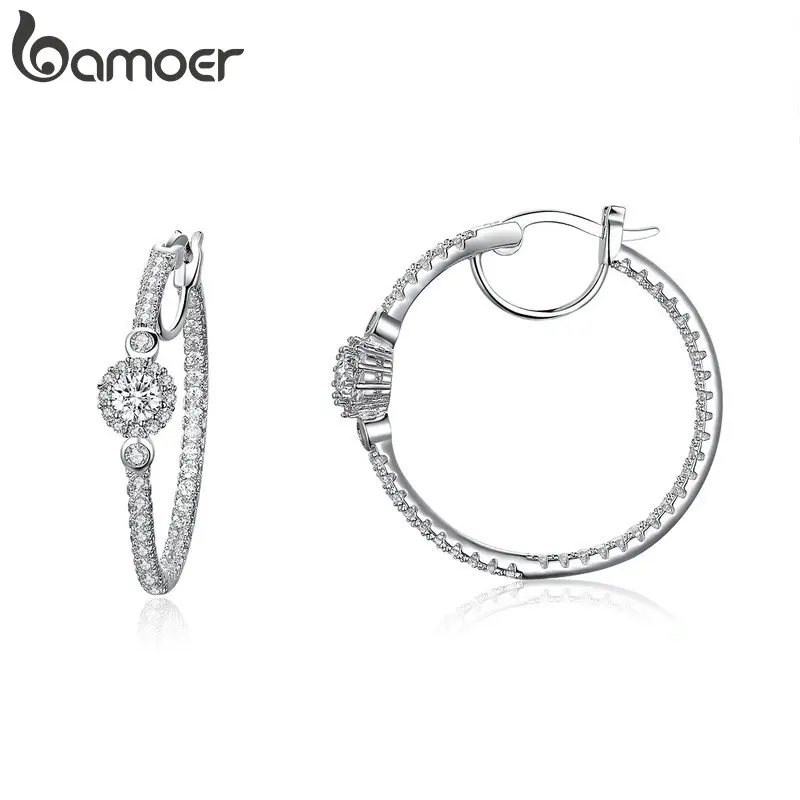 Женские серьги гвоздики с фианитом BAMOER большие круглые серебристого цвета YIE137|Серьги-гвоздики| |
