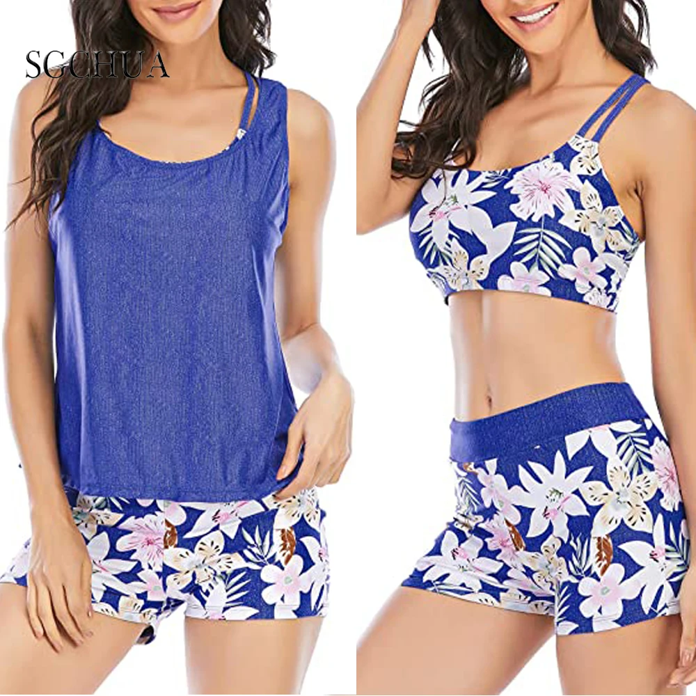 2021 New Print Sport 3 Piece Swimsuit Female Push Up Bikinis With Vest Women Plus Size 3XL High Waist Bathing Suit Beach Wear | Спорт и