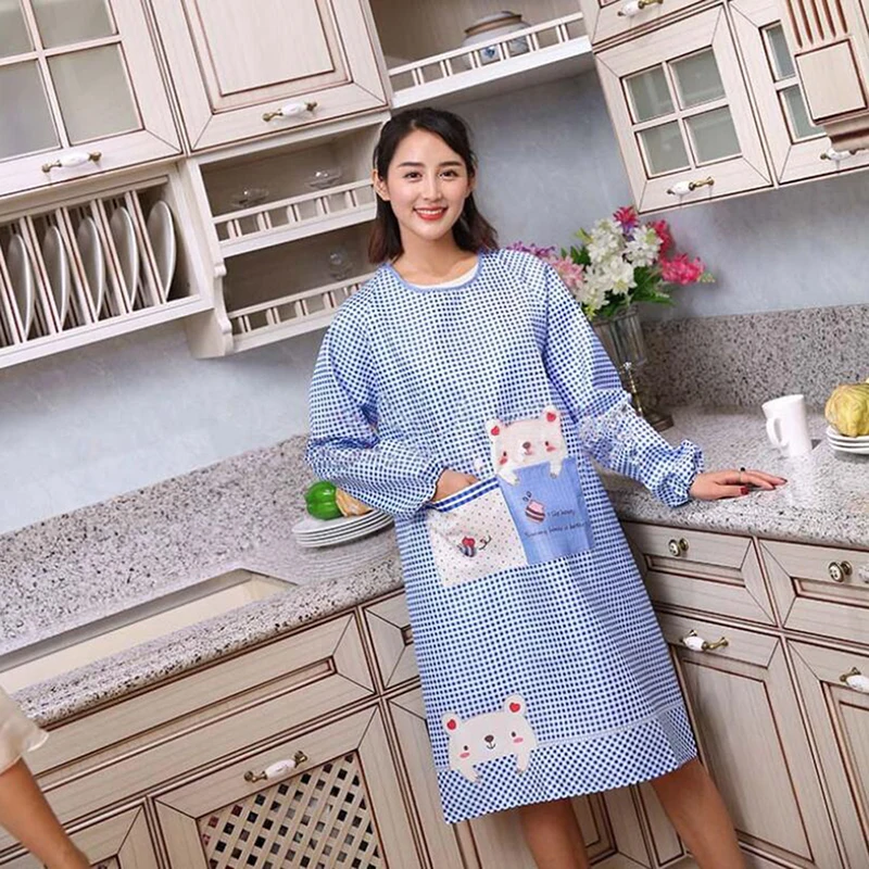 Women Kitchen Cooking Apron Long-sleeved Apron Oil-proof Waterproof Gown Adult Home Cleaning Overalls With Pockets