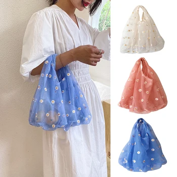 

Women Embroidery Flower Hand Bag Eco-friendly Mesh Shopping Bag Casual Tote Semi Transparent Single-shoulder bag For Girls Women