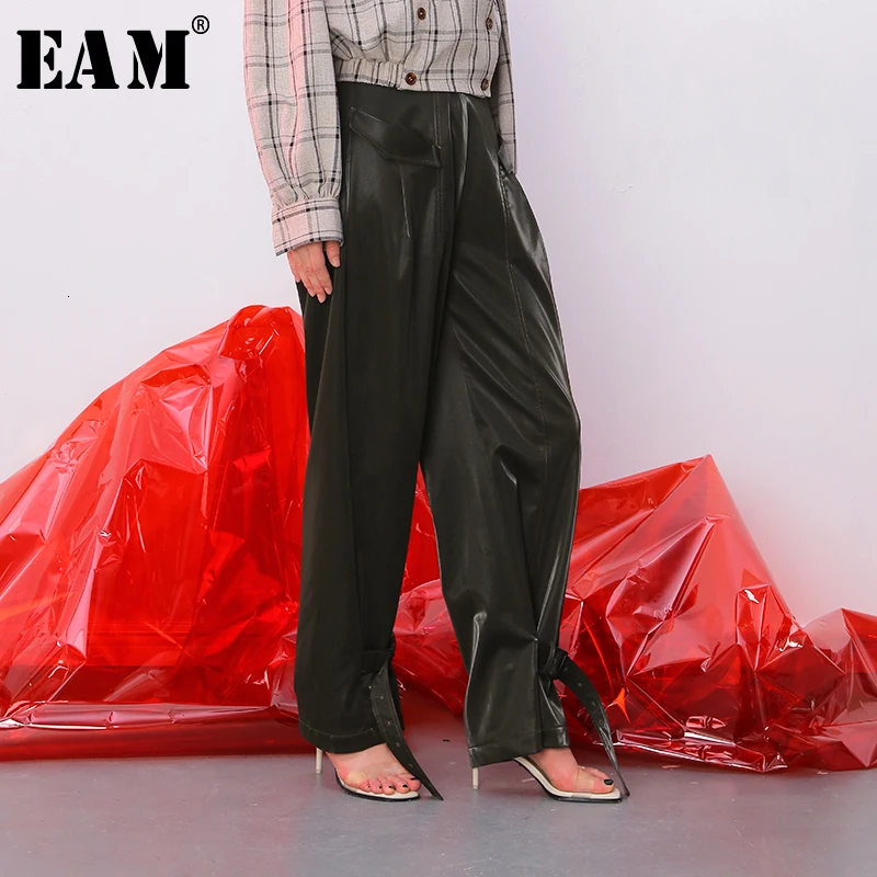 

[EAM] High Waist Green Pu Leather Long Wide Leg Trousers New Loose Fit Pants Women Fashion Tide Spring Autumn 2019 1D353
