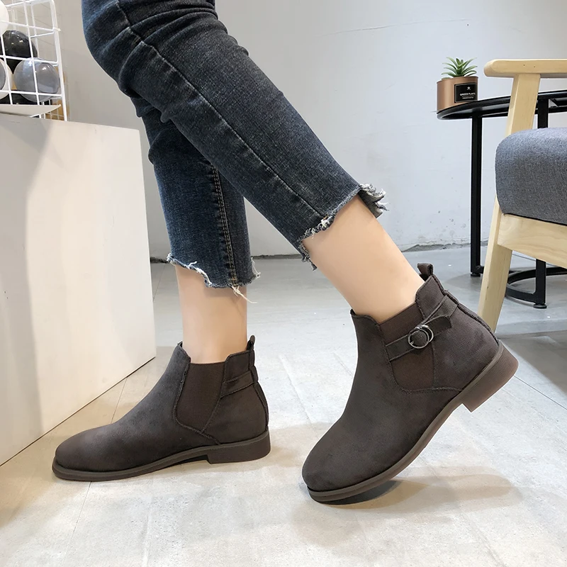 

2019 Fashion Women Flock Slip-on Boots Stiletto Ankle Round Toe Boots Low Heels Boots Spring Square Heels Ladies Shoes