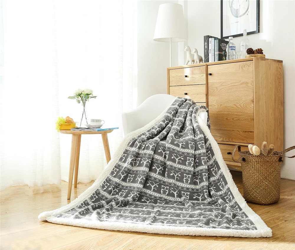

Merry Christmas Grey Owl Blanket Cashmere Double Layer Knitted Throw Kids Xmas Gift Winter Warm Santa Elk Car Sofa Throw Blanket
