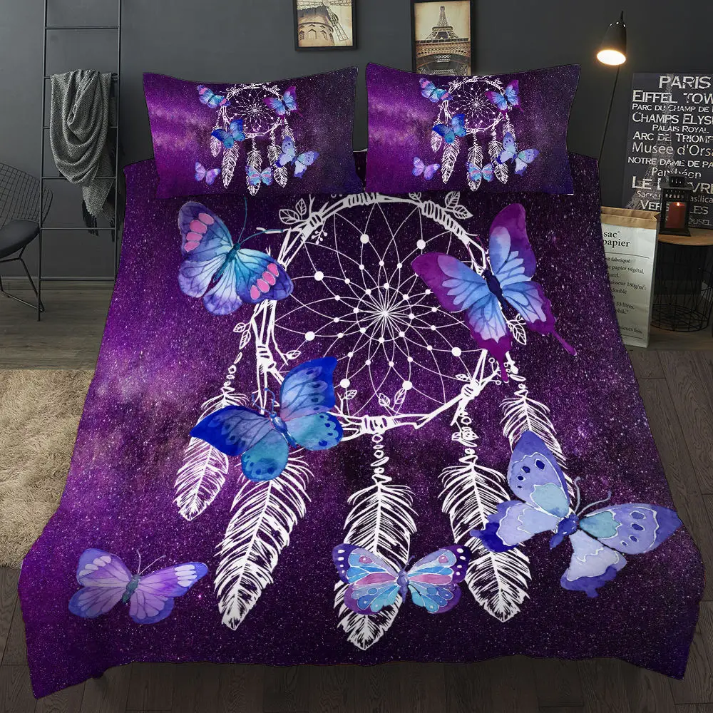 Красивая синяя бабочка печать фиолетовый фон Ловец снов серии постельных принадлежностей AB сторона пододеяльник кровать